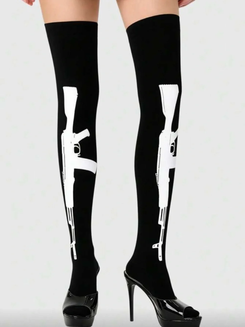 Black Thigh-High Socks with White Gun Graphic
